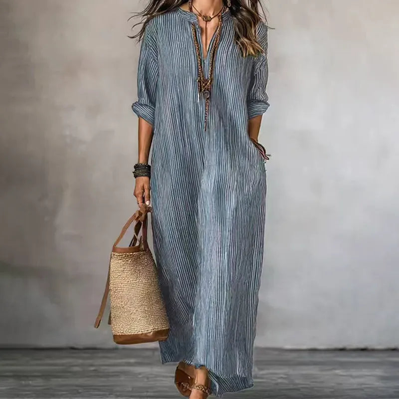 Vestido maxi mujer rayado con escote en V y corte fluido