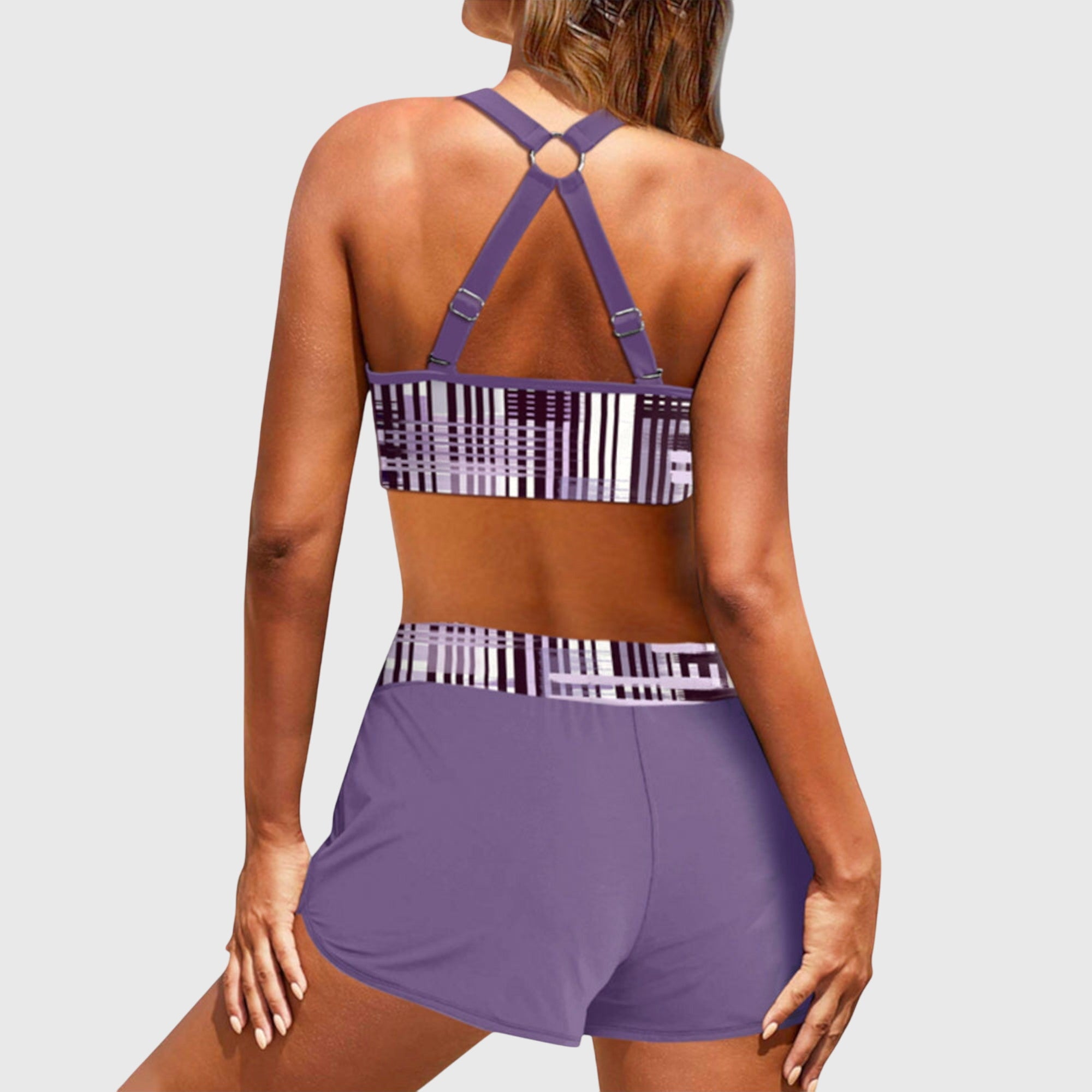 Bikini mujer dos piezas top halter estampado rayas shorts cordón deportivo playa