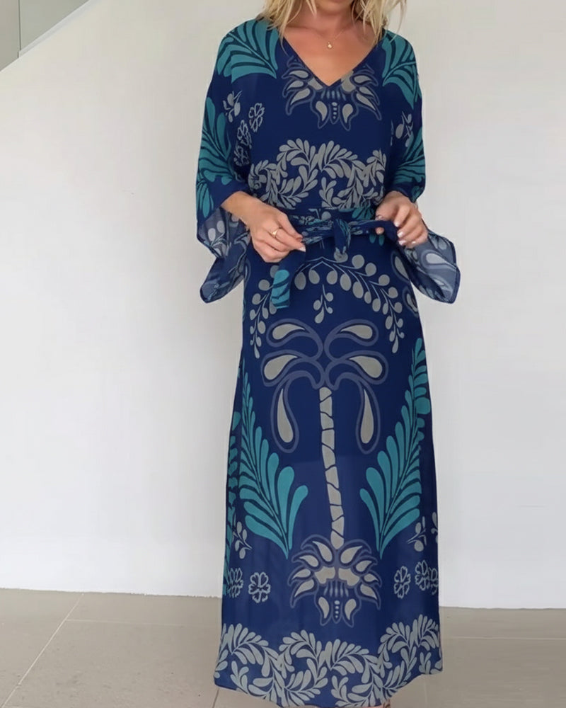 Vestido bohemio mujer maxi estampado hojas fluido elegante