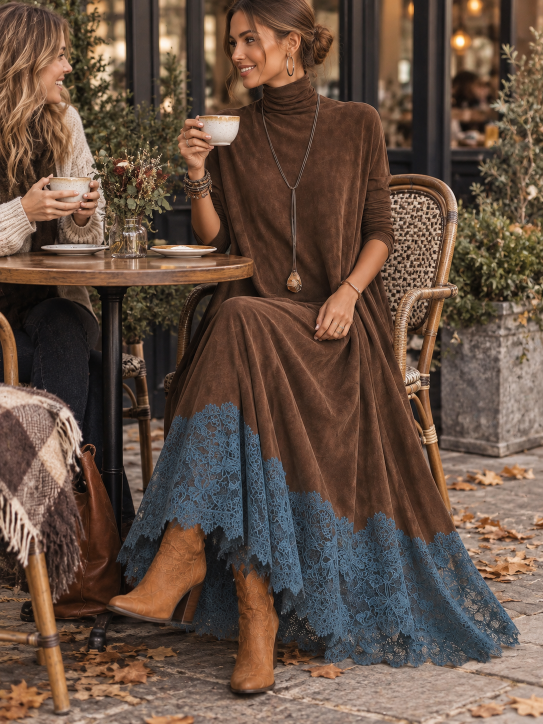 Vestido largo para mujer con cuello alto y bajo de encaje floral