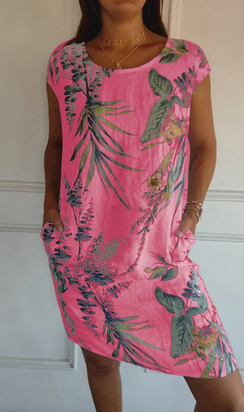 Vestido mujer fluido con estampado vegetal y bolsillos