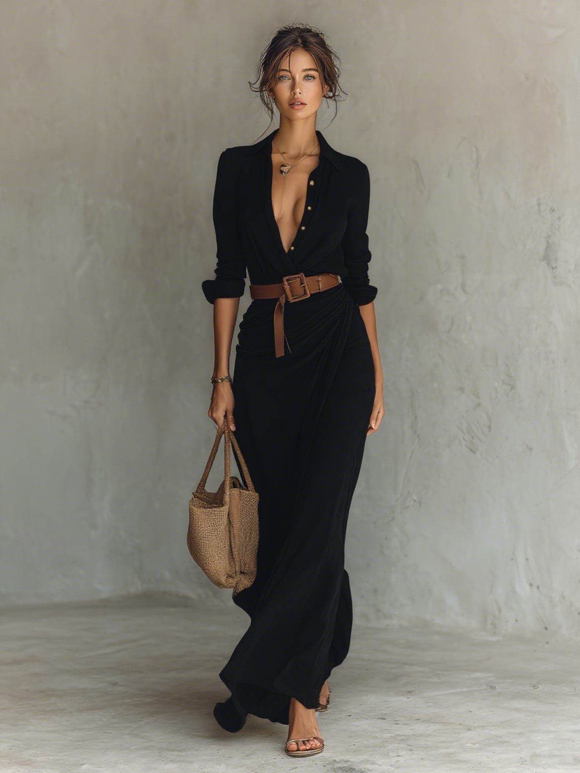 Vestido camisero maxi de mujer con cinturón