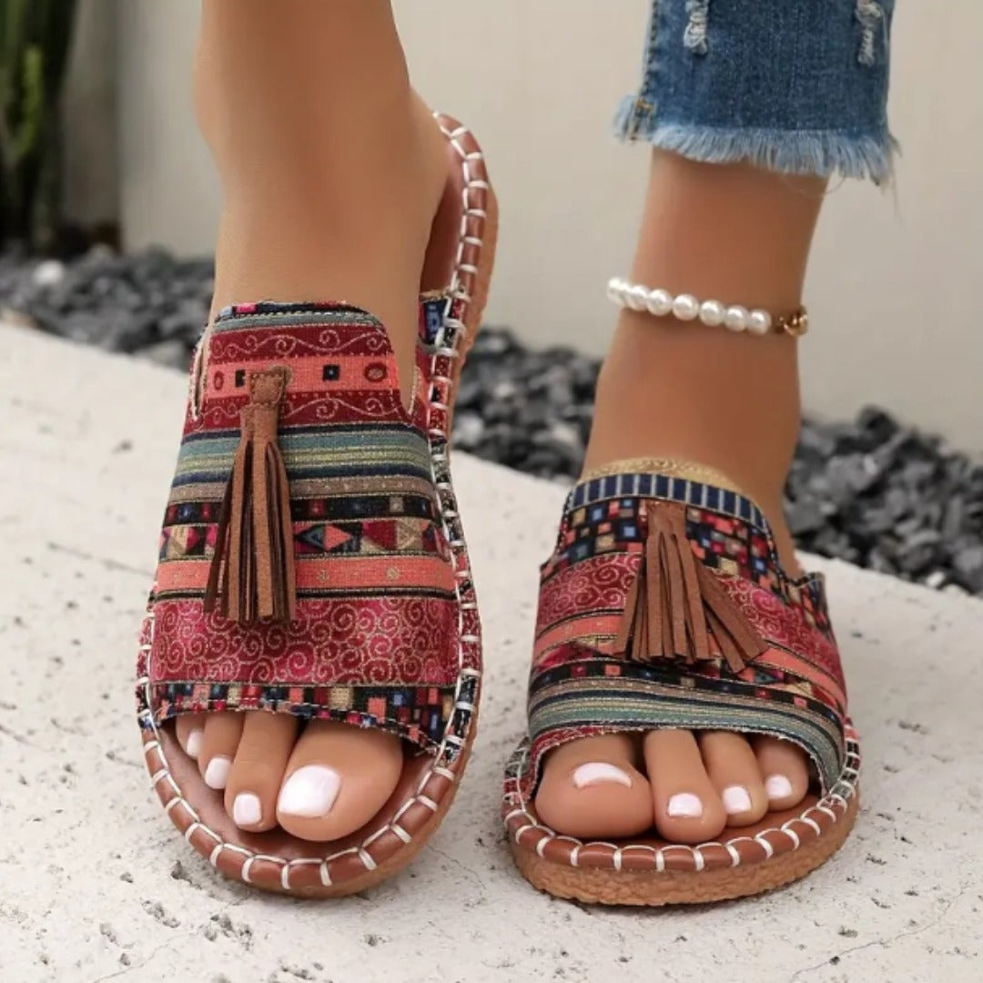 Sandalias mujer planas étnicas flecos cuero suela acolchada boho verano