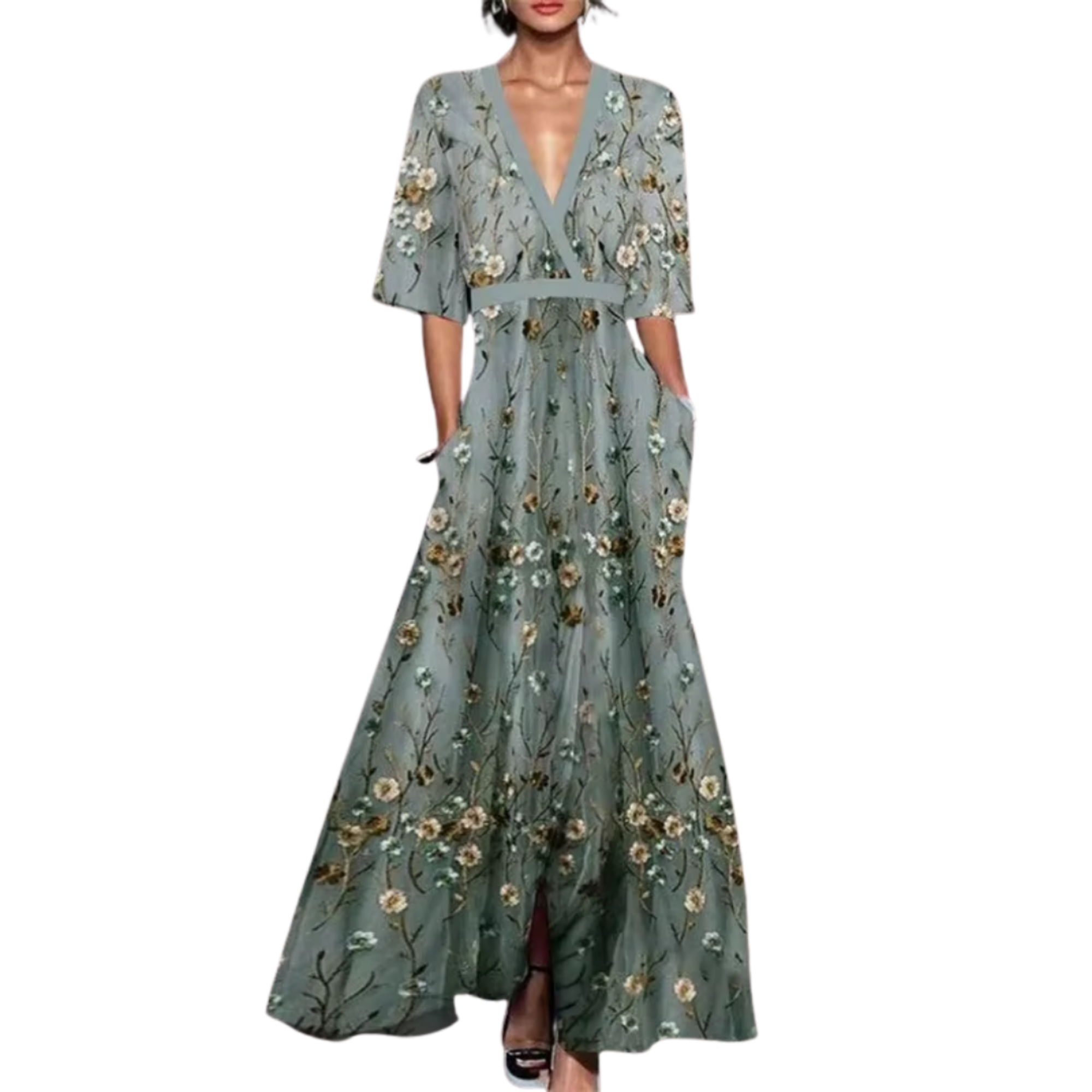 Vestido Largo Mujer Floral Elegante – Escote V y Cintura Ajustable