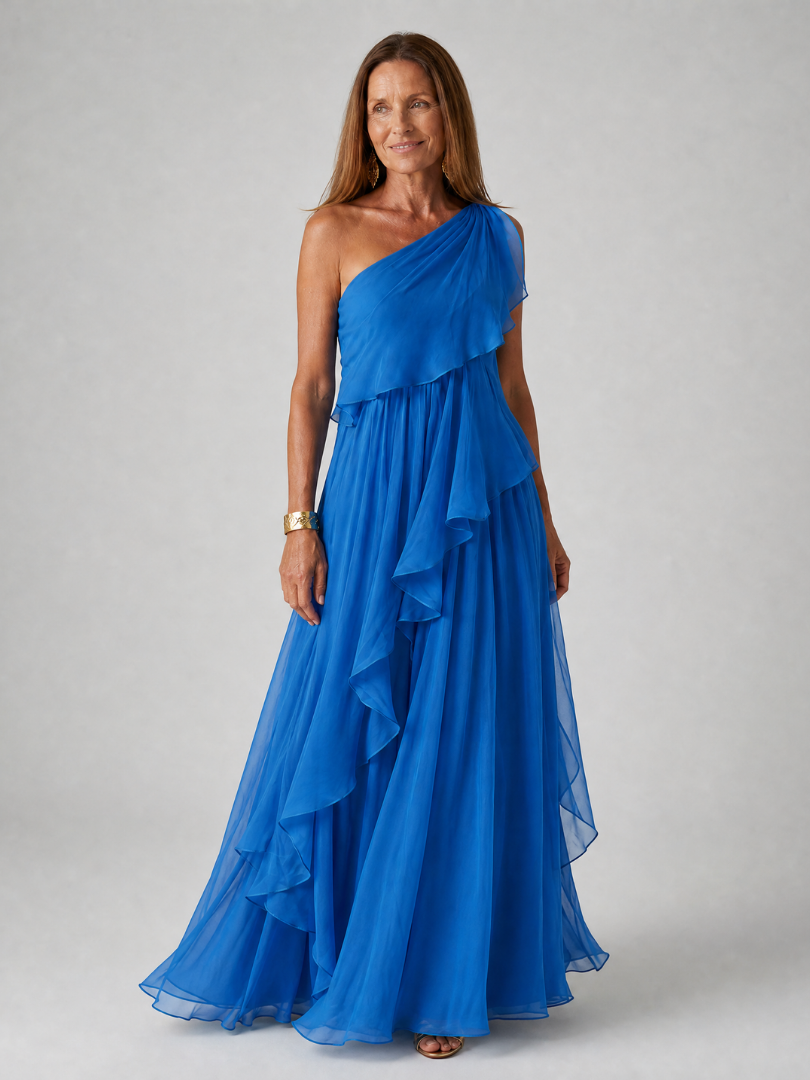 Vestido maxi asimétrico para mujer con volantes