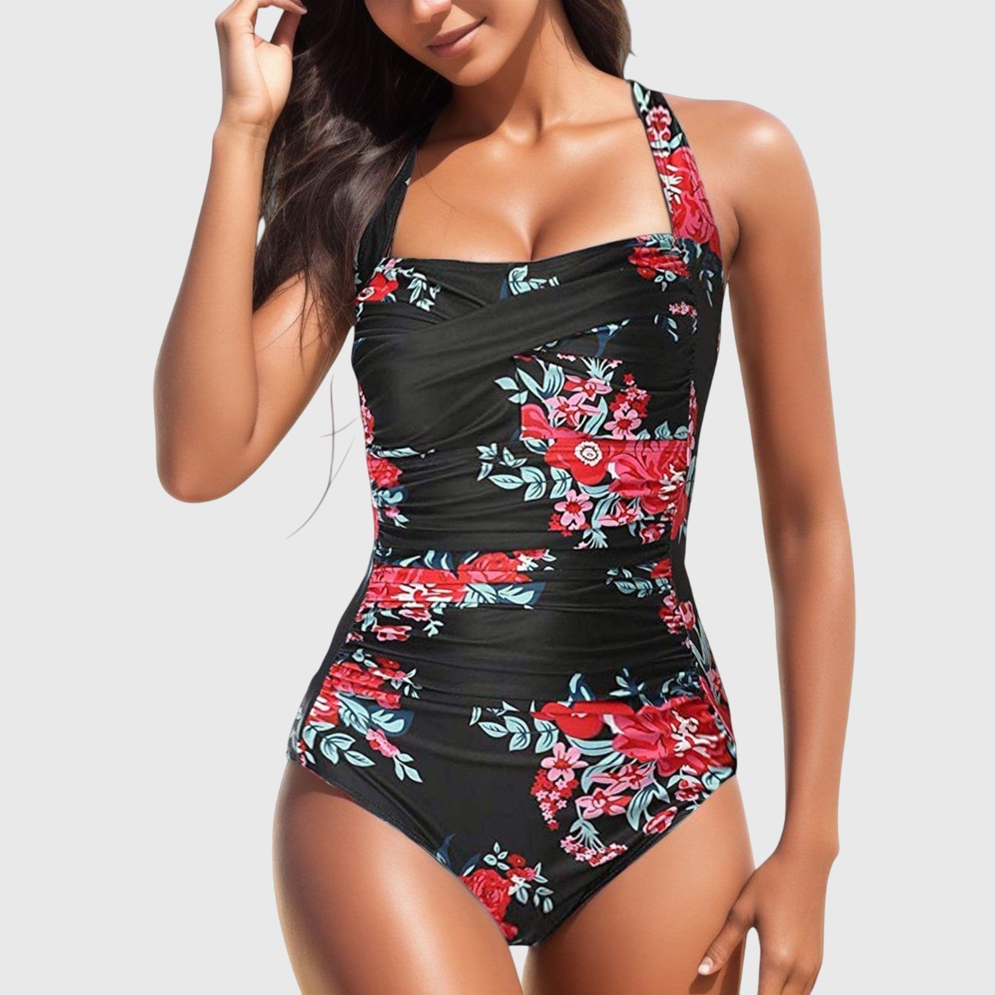 Bañador mujer una pieza estampado tropical fruncido halter moldeador playa