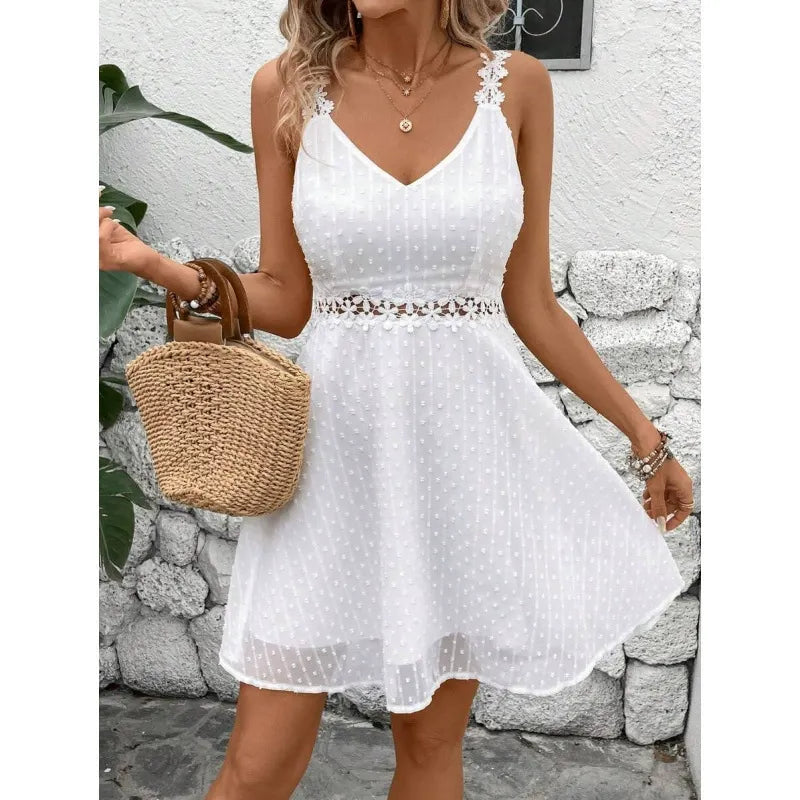 Vestido mini mujer plumetis con tirantes de encaje y escote en V