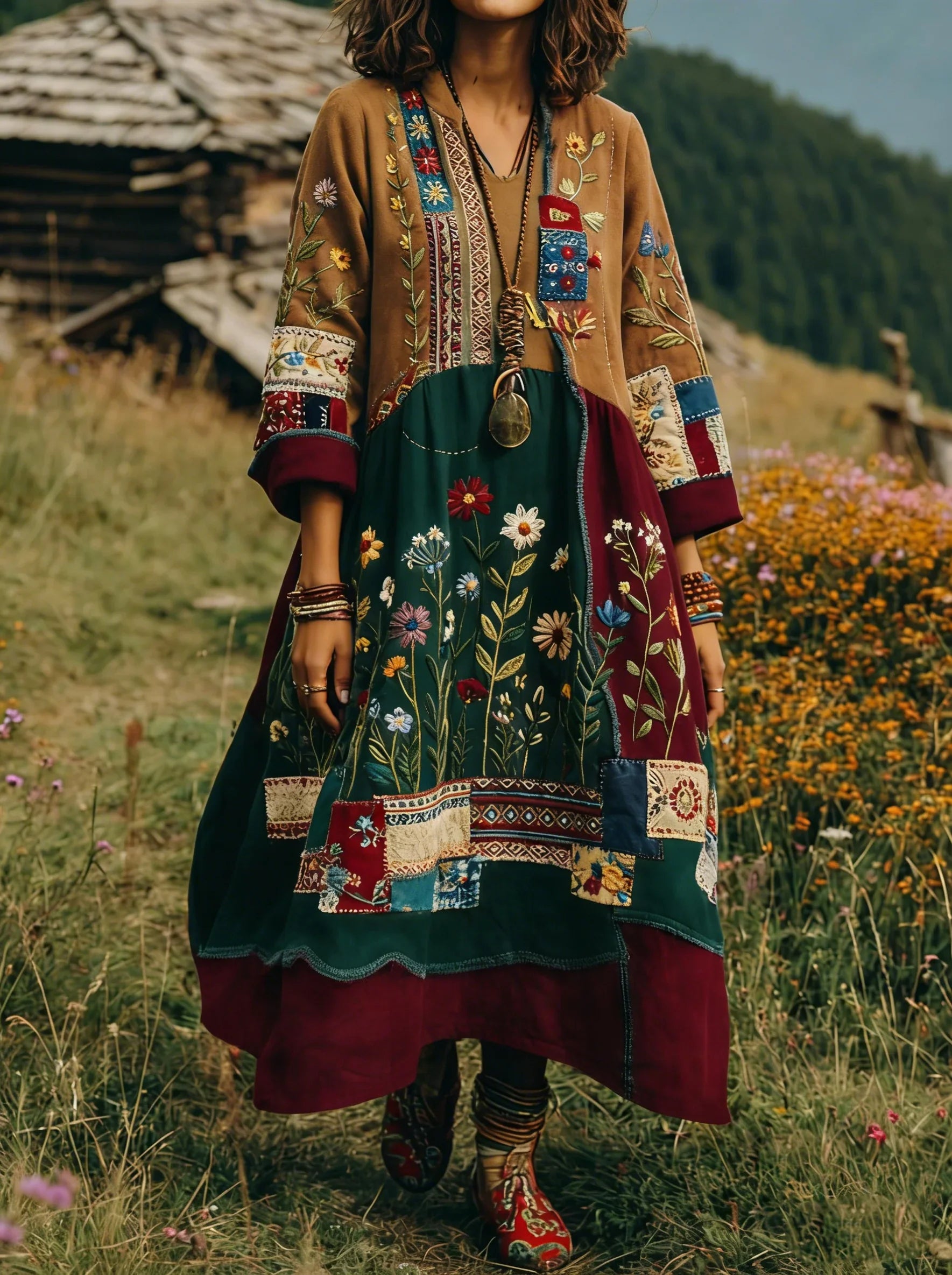 Vestido bohemio mujer patchwork bordado largo – vestido étnico elegante fluido