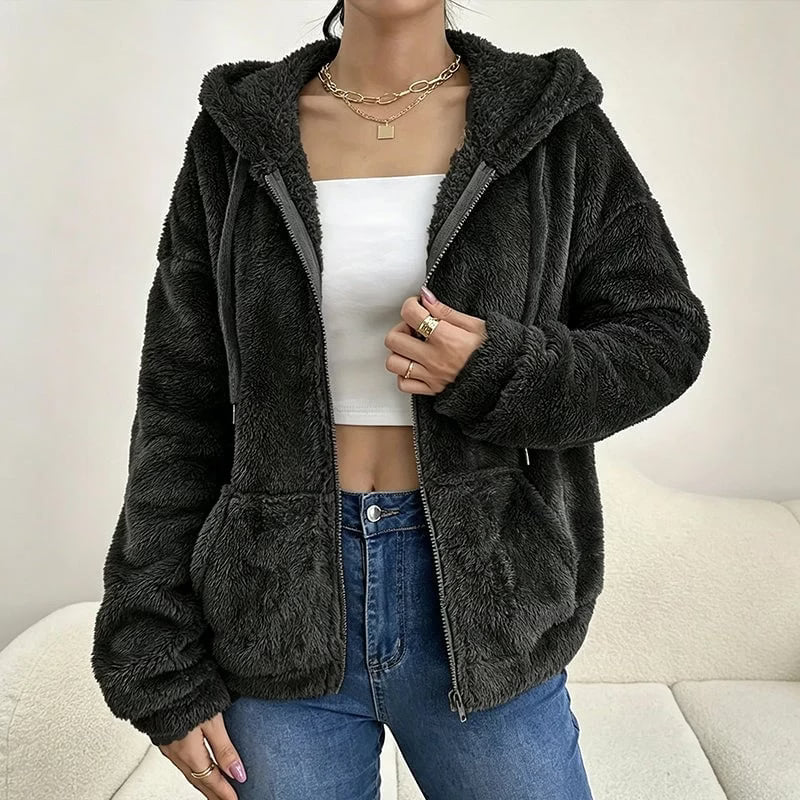 Chaqueta sherpa para mujer con capucha y cremallera