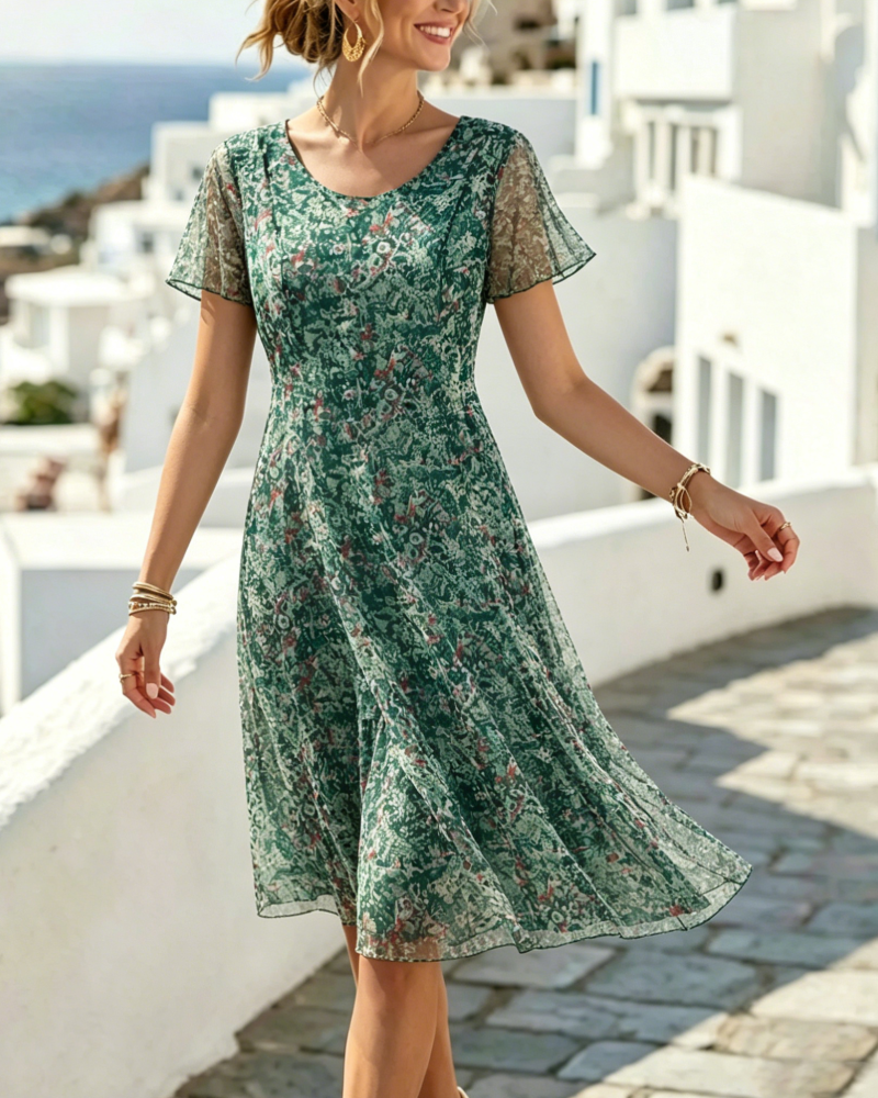 Vestido mujer floral corte A con mangas cortas para verano