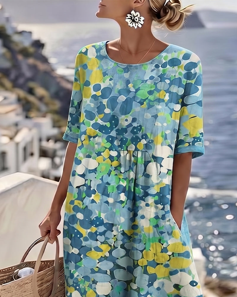 Vestido midi mujer algodón lino estampado flores abstractas bolsillos verano