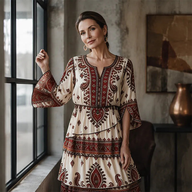 Vestido bohemio mujer con volantes y estampado étnico