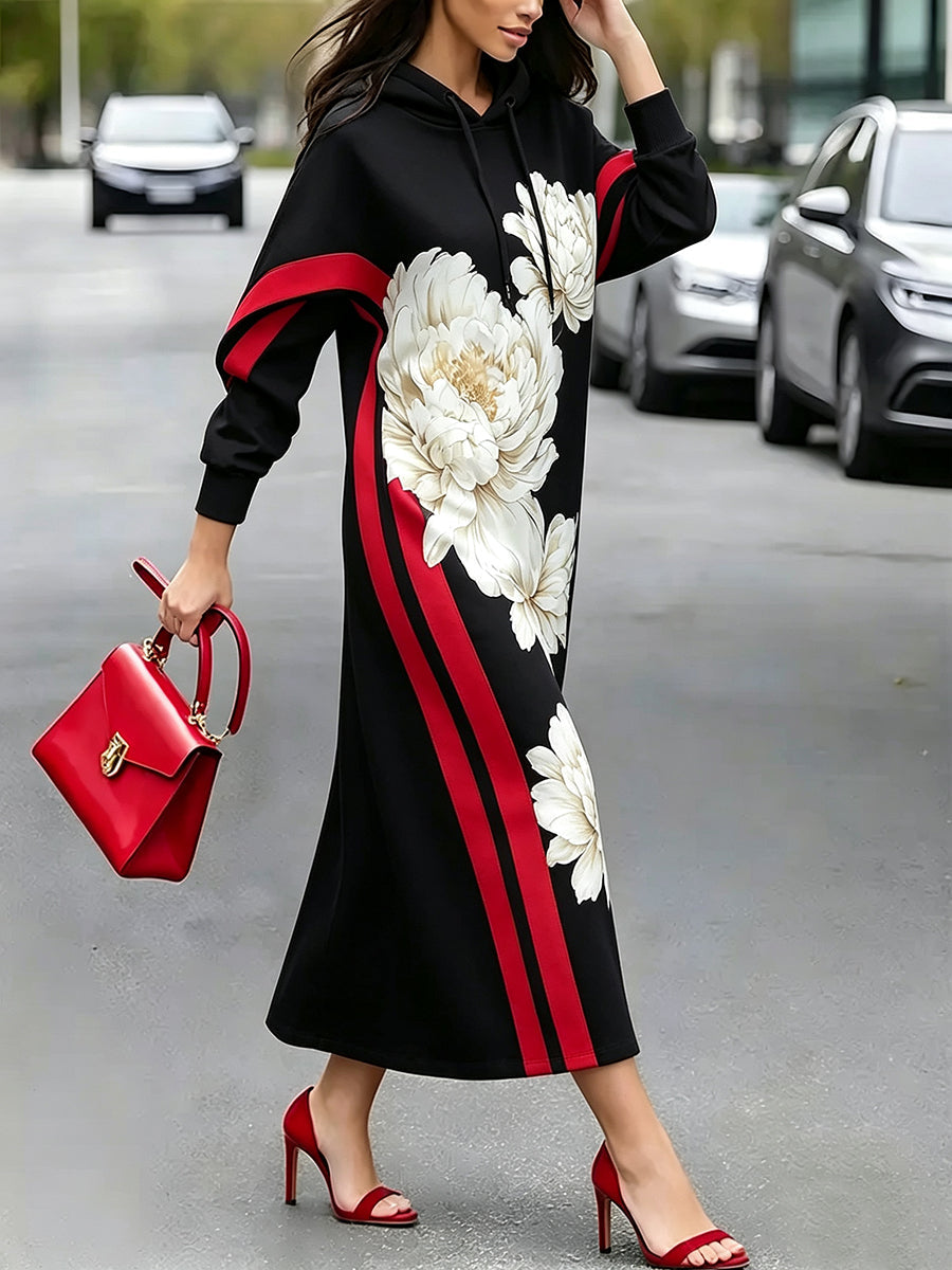 Vestido largo para mujer con capucha, estampado floral y detalles en contraste