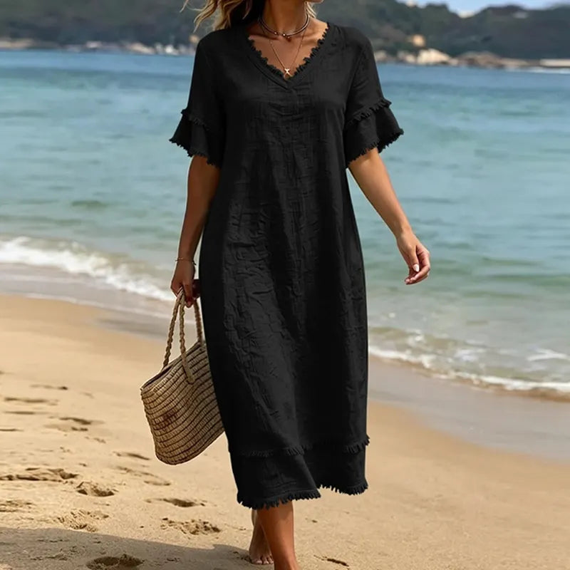 Vestido mujer bohemio con cuello en V y flecos