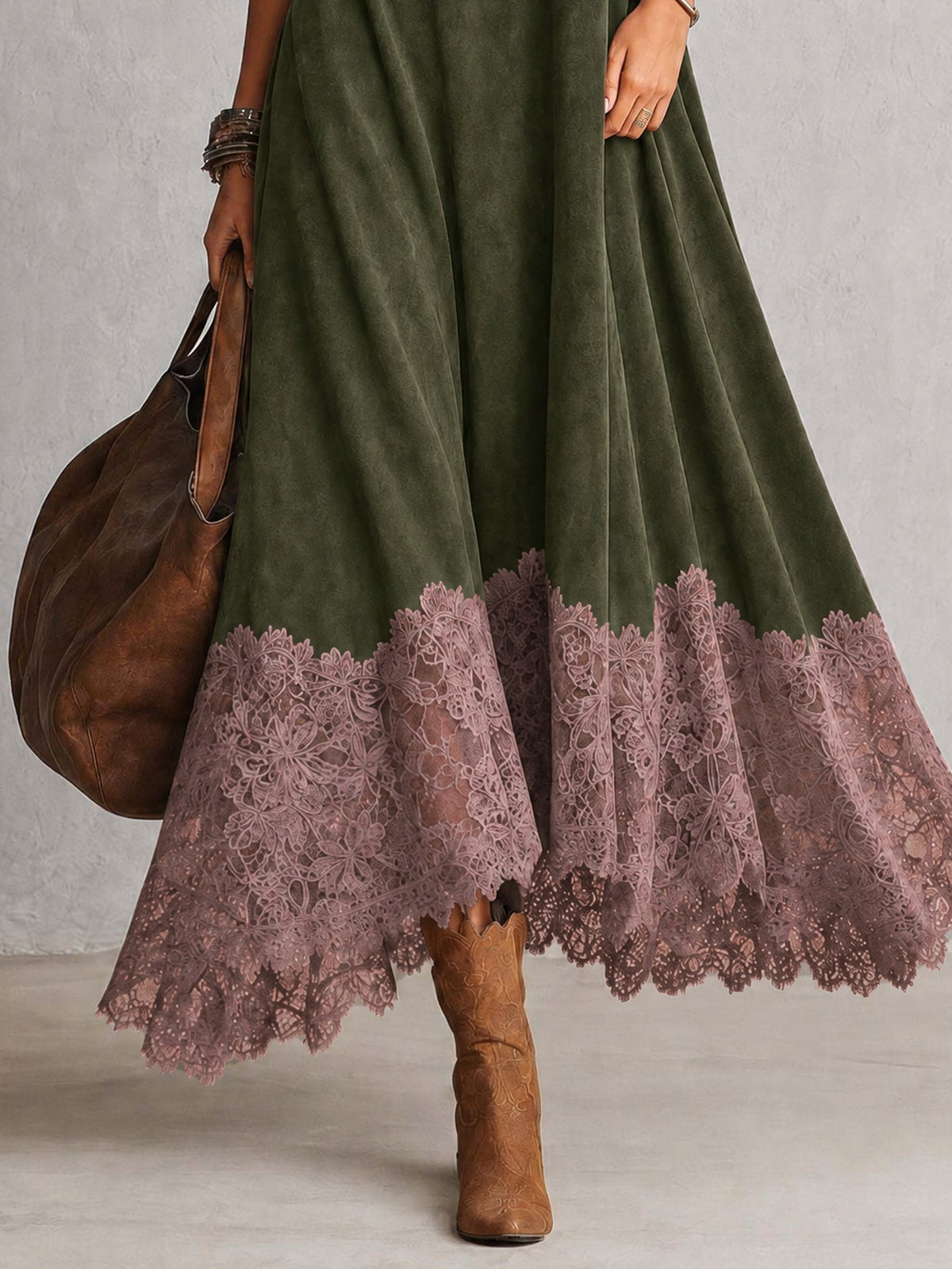 Vestido largo para mujer con cuello alto y bajo de encaje floral