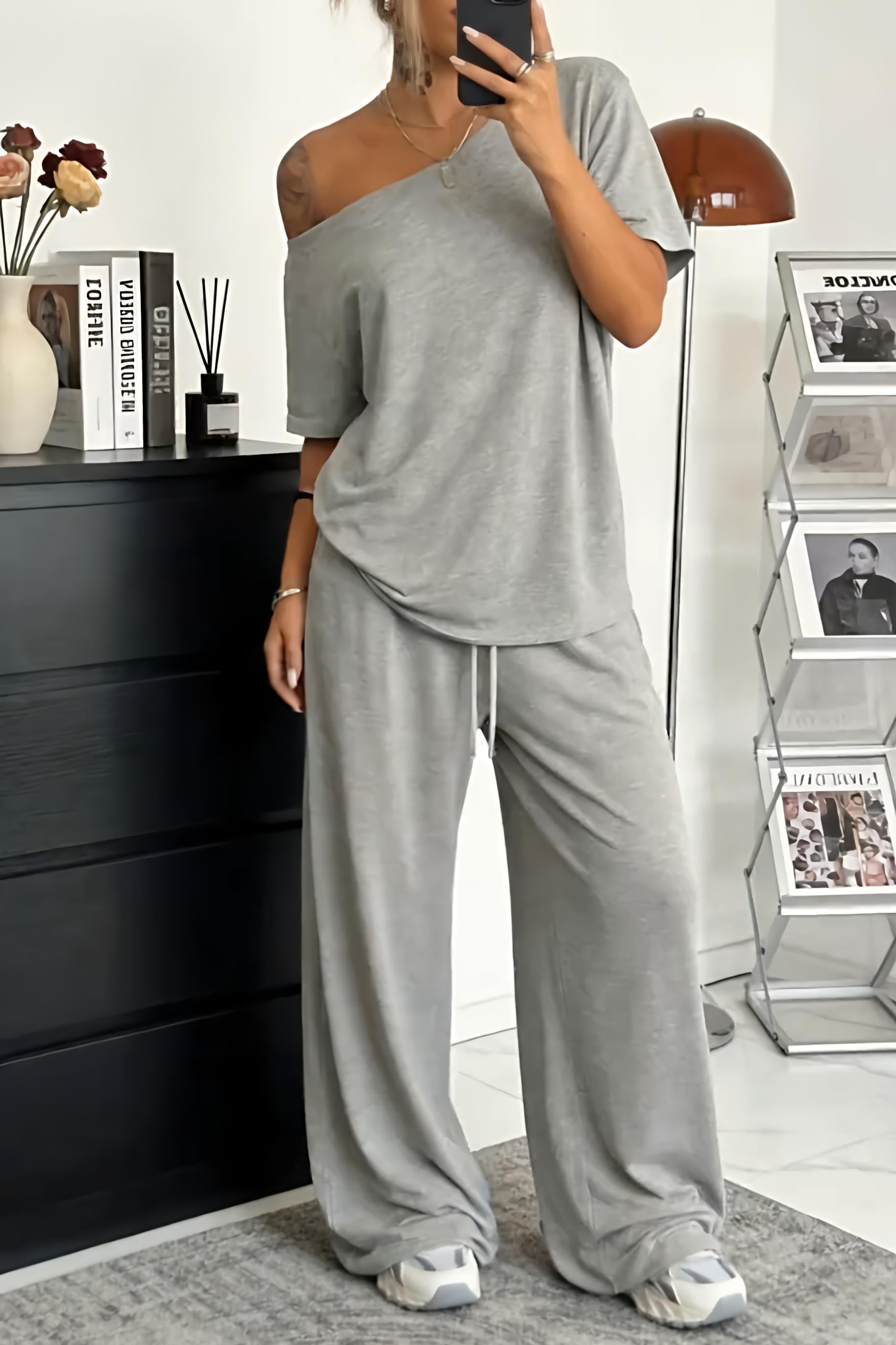 Conjunto mujer hombro descubierto pantalón amplio casual