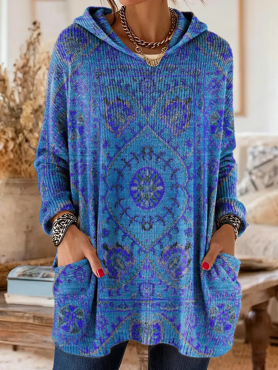Túnica mujer con capucha retro estampada – cómoda y cálida