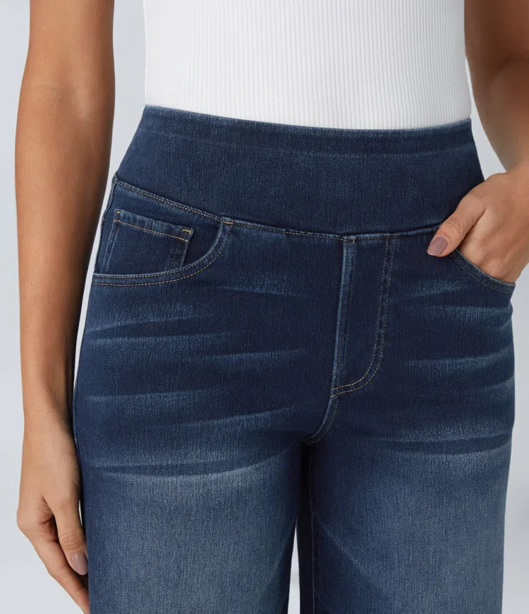Jean mujer pierna ancha talle alto denim elástico moldeador casual moderno