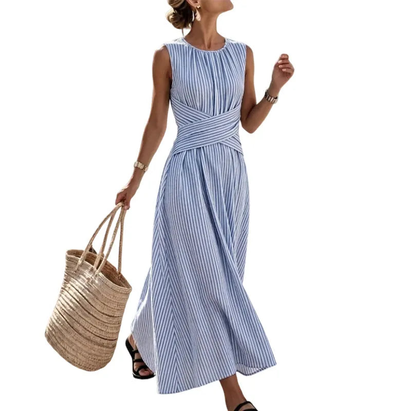 Vestido maxi mujer sin mangas a rayas con cintura cruzada