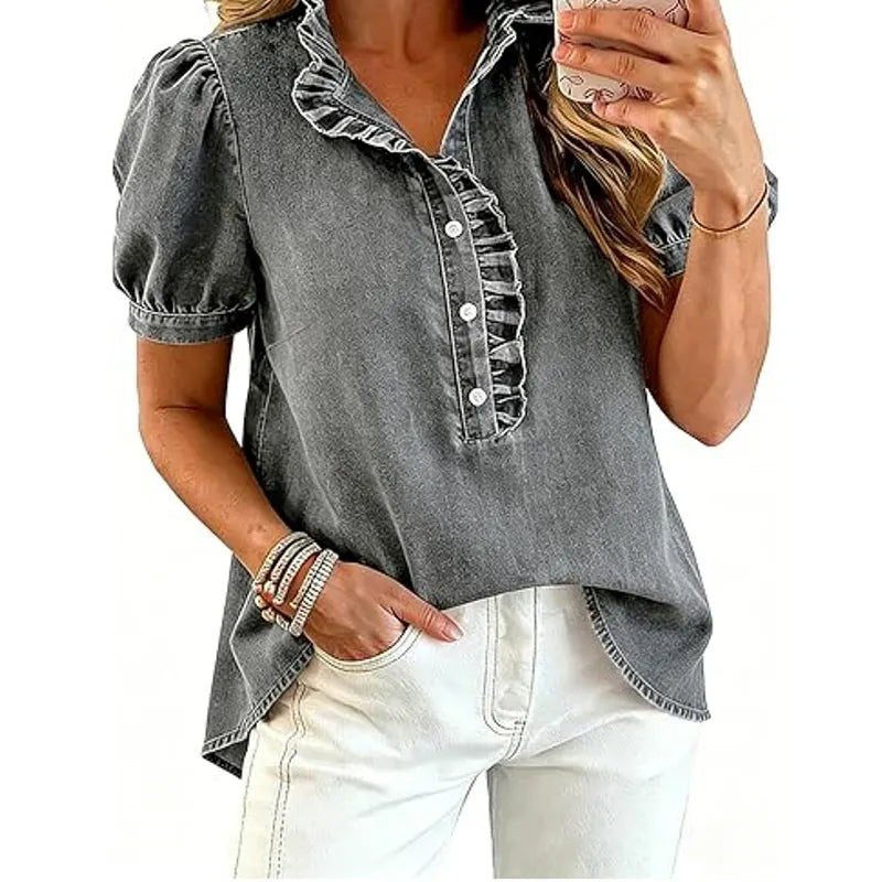 Top denim mujer con cuello volante y mangas abullonadas