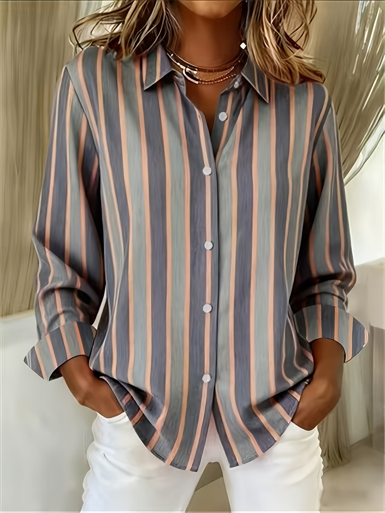 Camisa mujer rayas manga larga – blusa casual elegante ligera