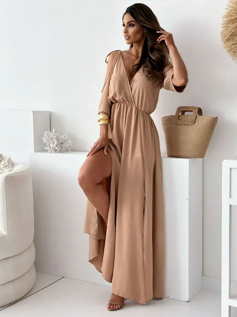 Vestido maxi mujer hombros descubiertos abertura elegante