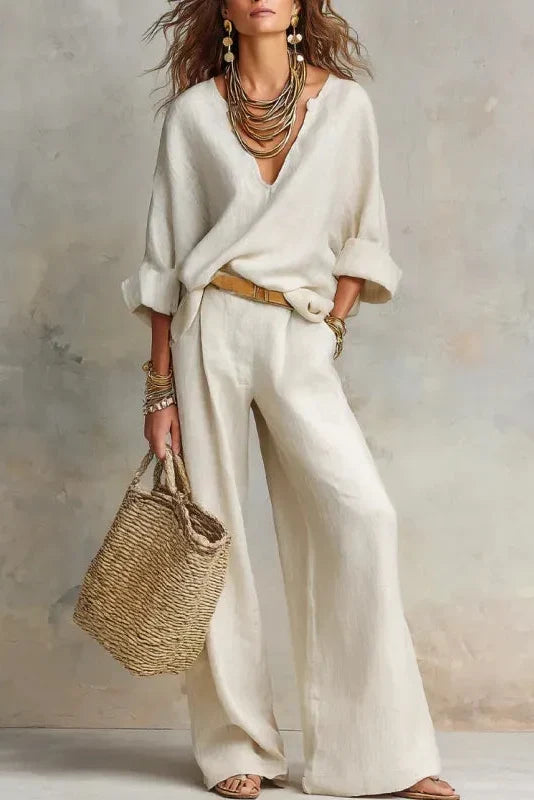 Conjunto mujer con escote en V y pantalón ancho