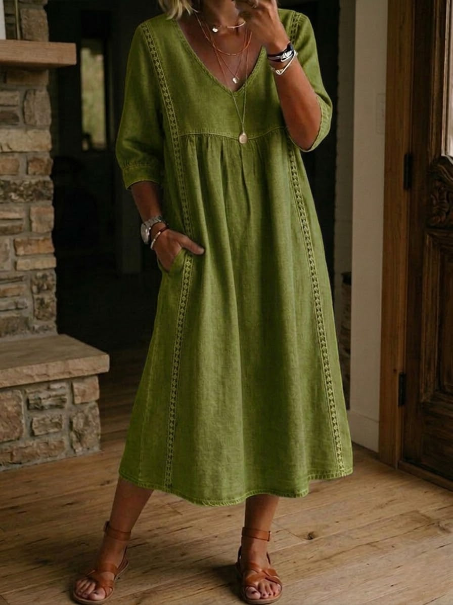 Vestido mujer patchwork algodón lino con encaje para verano
