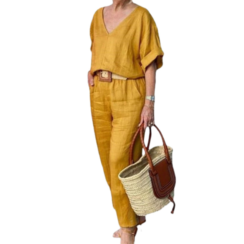 Conjunto mujer cuello V pantalón recto bolsillos casual chic