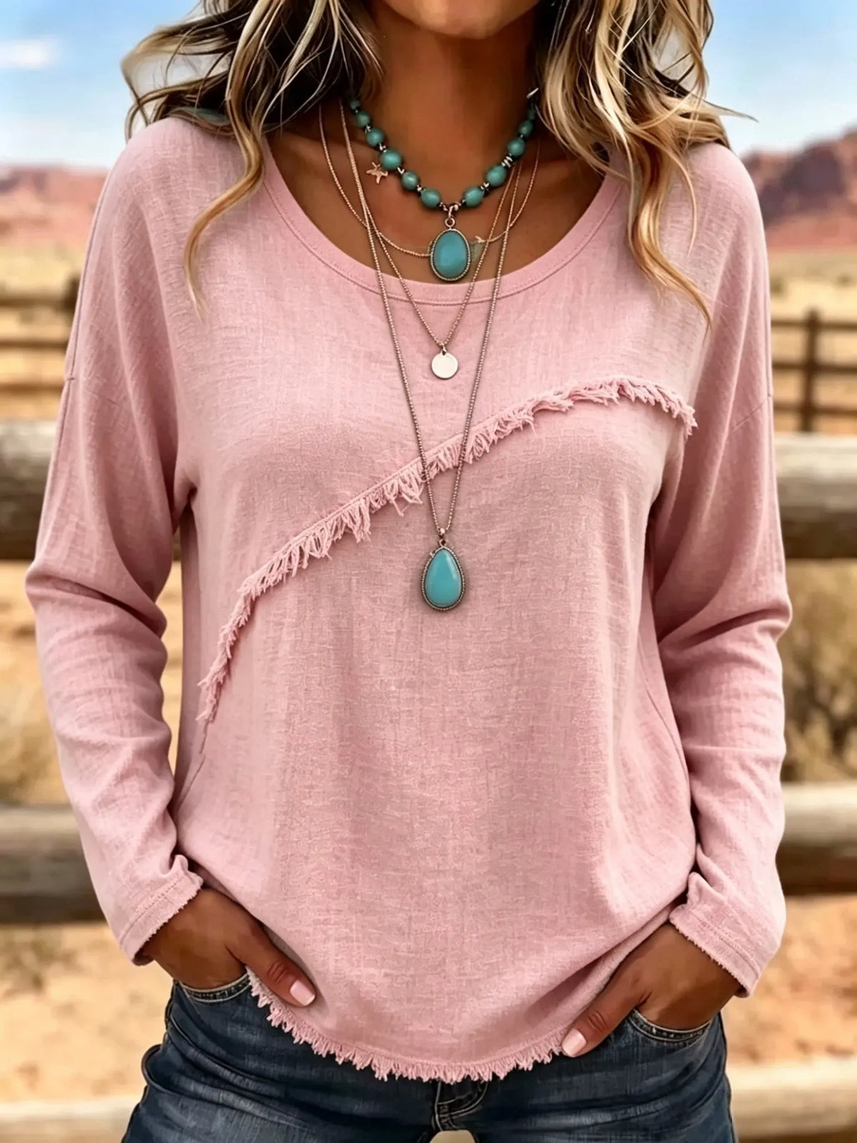 Blusa bohemia para mujer con flecos y manga larga relajada
