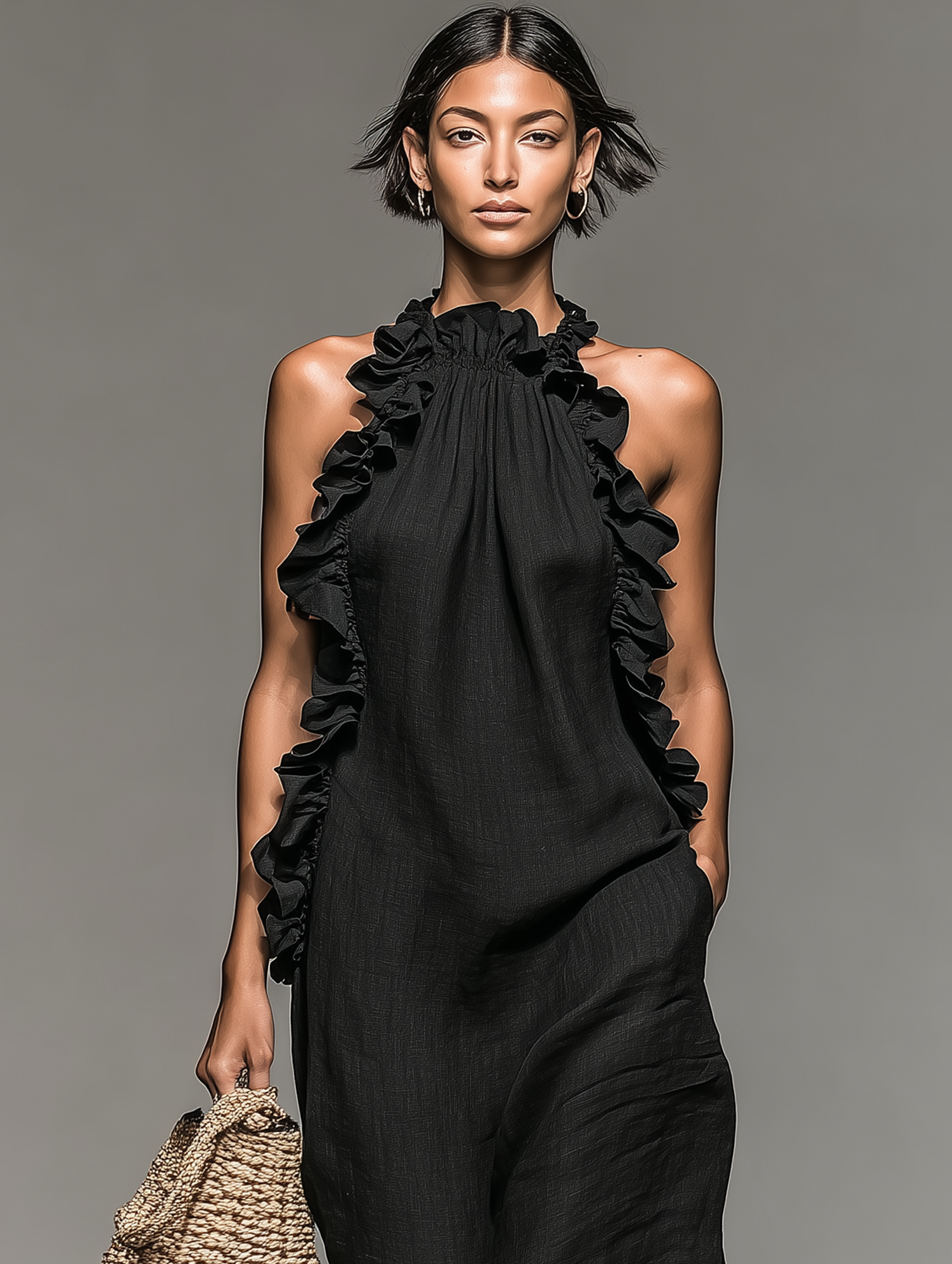 Vestido maxi mujer sin mangas con volantes y bolsillos
