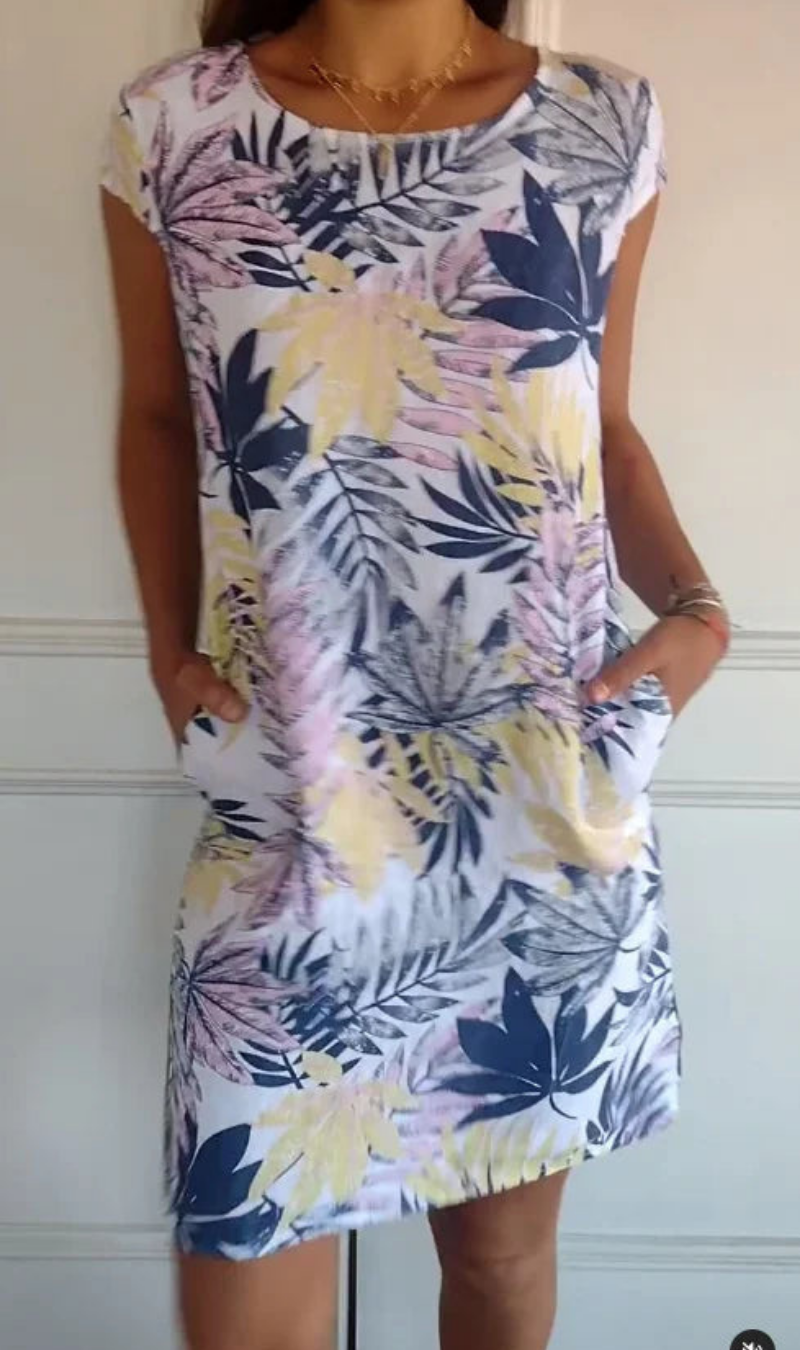 Vestido mujer fluido con estampado vegetal y bolsillos