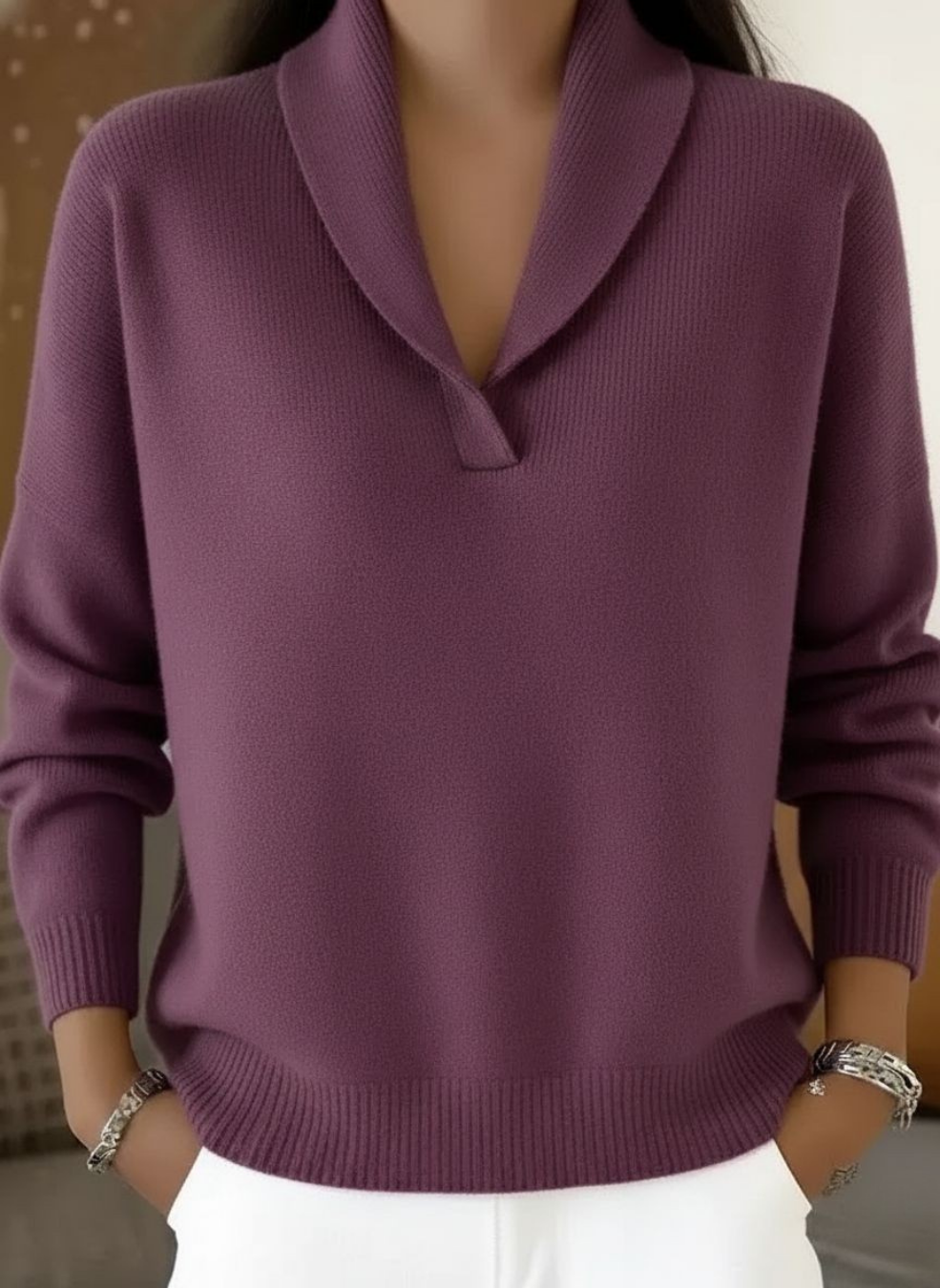 Suéter para mujer con cuello chal en V y corte holgado elegante