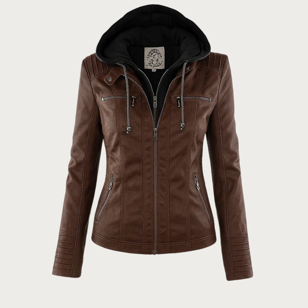Chaqueta efecto cuero para mujer con capucha y cremallera
