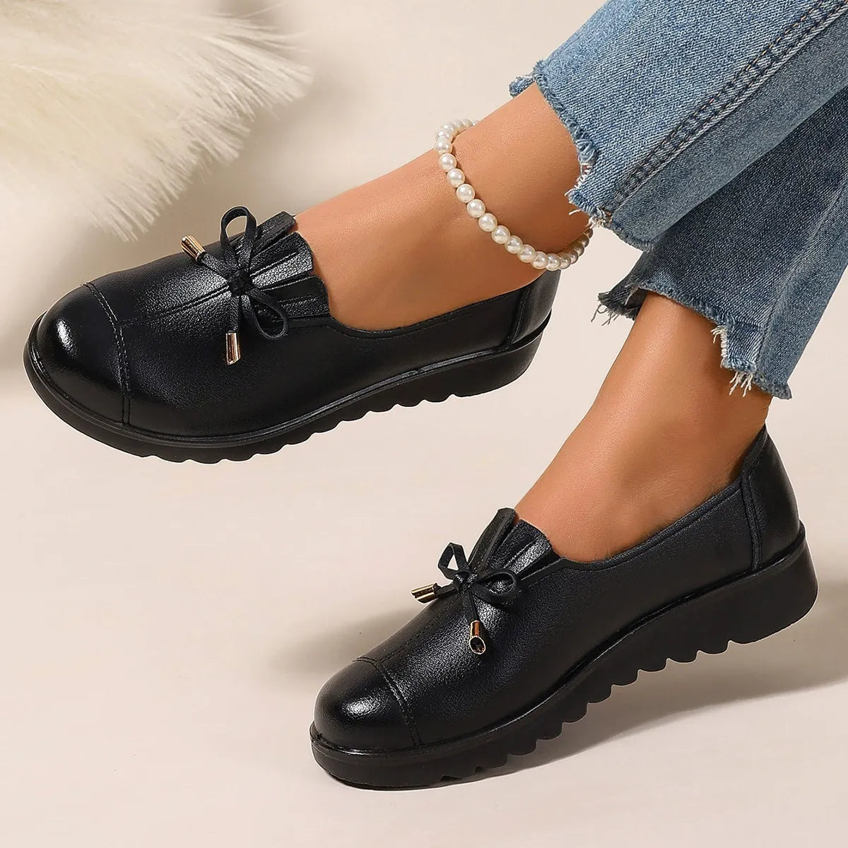 Mocasines para mujer con lazo decorativo y suela de plataforma