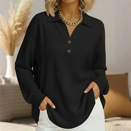 Blusa de manga larga para mujer con cuello polo y botones