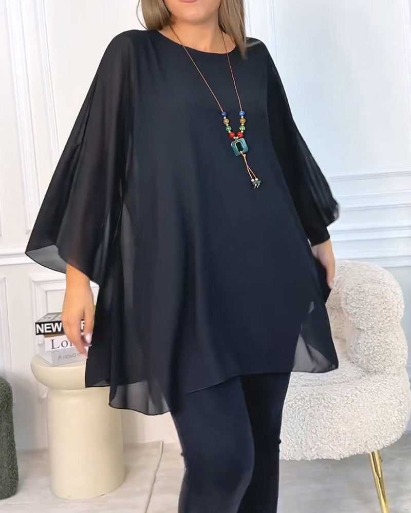 Top holgado para mujer con cuello redondo y mangas 3/4