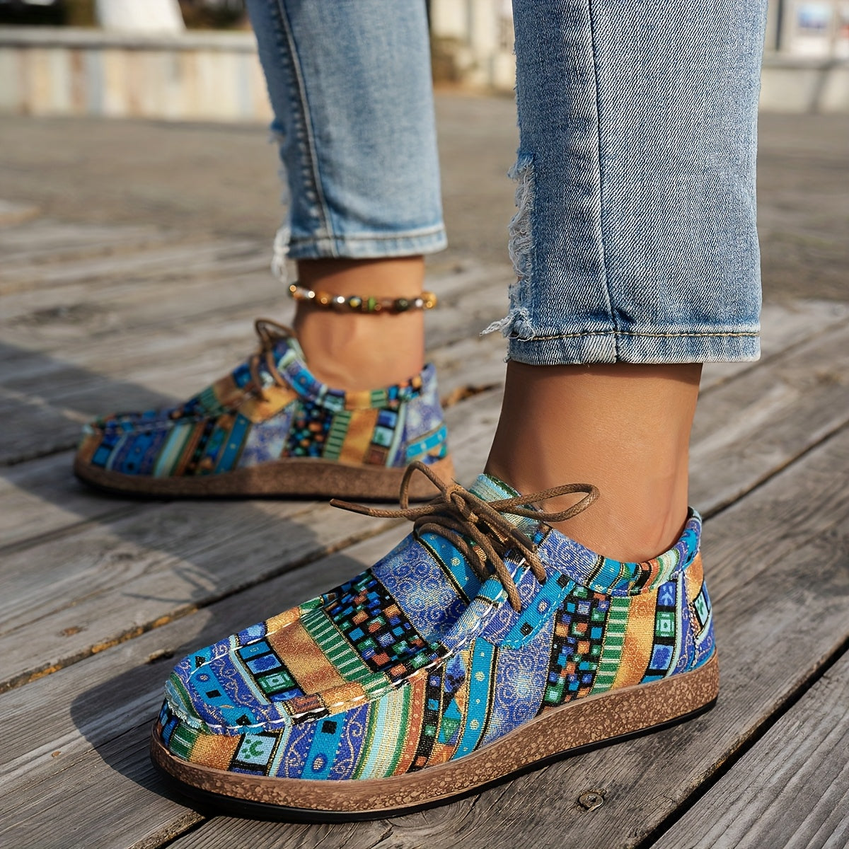 Zapatillas casuales de mujer con patchwork y cordones ajustables