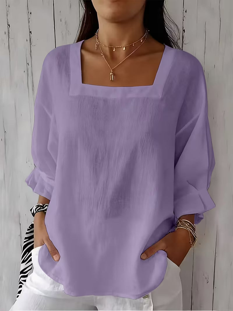 Blusa mujer de cuello cuadrado con mangas largas fluidas elegante