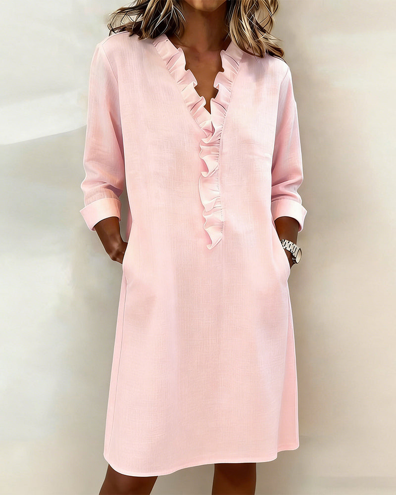 Vestido mujer lino algodón escote V volantes elegante casual