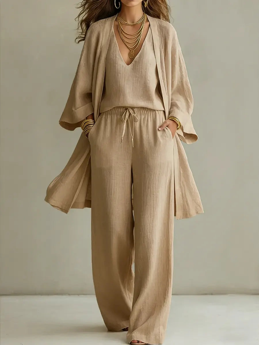 Conjunto mujer algodón lino tres piezas – outfit minimalista elegante