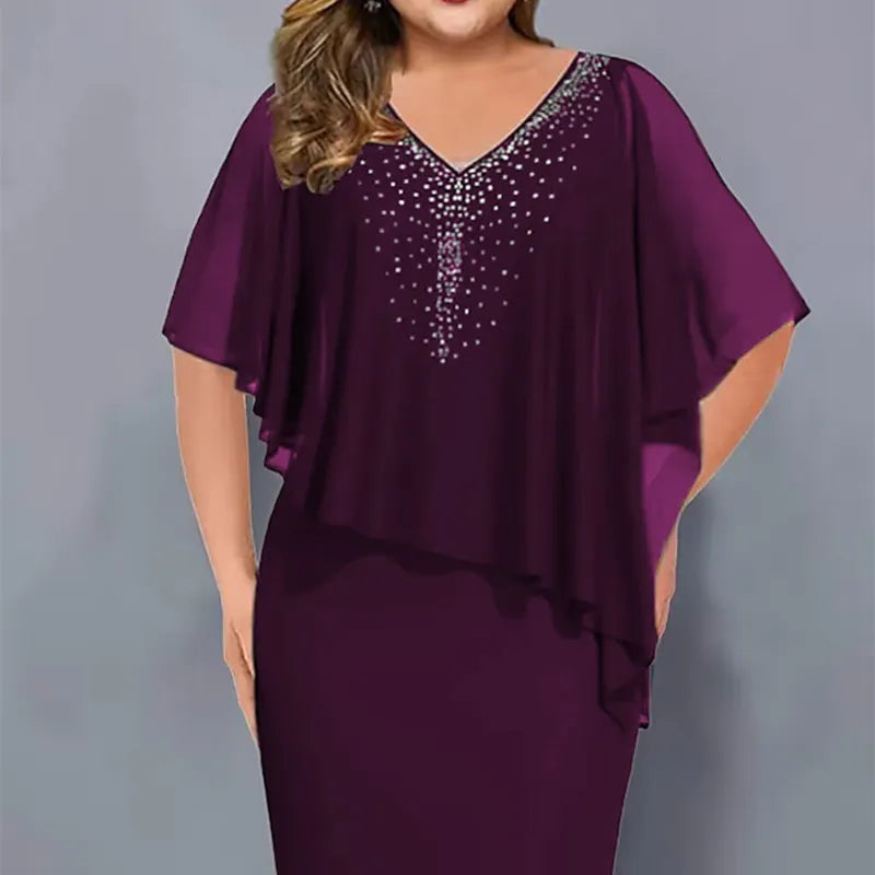 Vestido capa midi para mujer con strass y superposición de gasa
