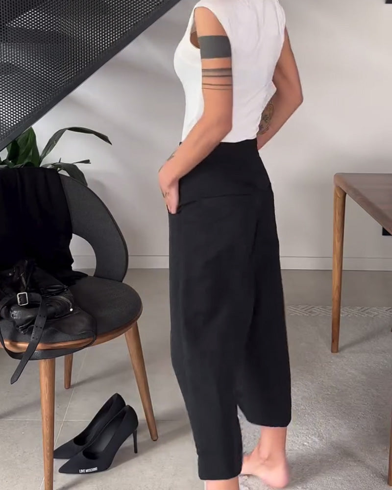 Pantalón mujer asimétrico de pierna amplia