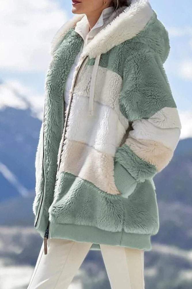 Chaqueta cálida mujer con capucha y bloques de color