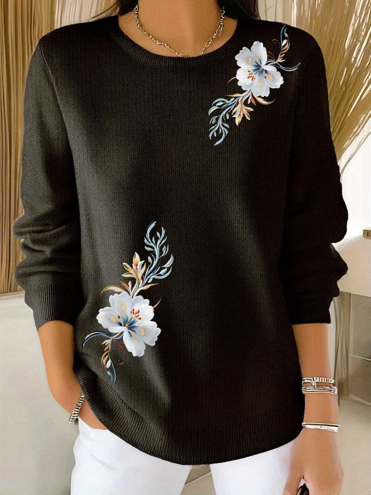 Suéter de mujer con flores estampadas y cuello redondo casual
