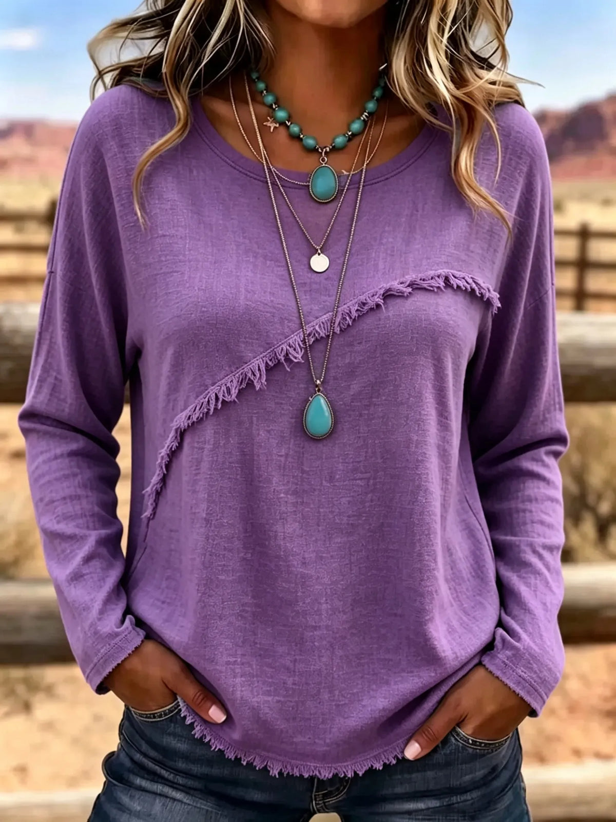 Blusa bohemia para mujer con flecos y manga larga relajada
