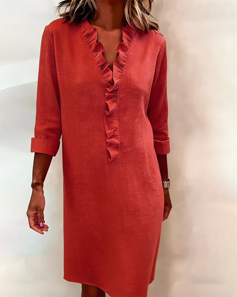 Vestido mujer lino algodón escote V volantes elegante casual