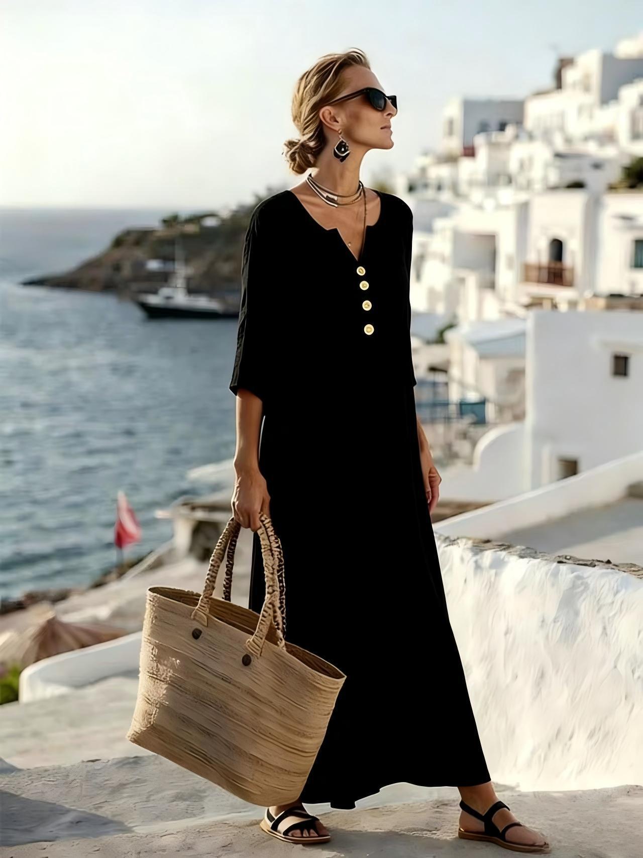 Vestido Mujer Algodón y Lino – Corte Fluido con Botones y Manga 3/4