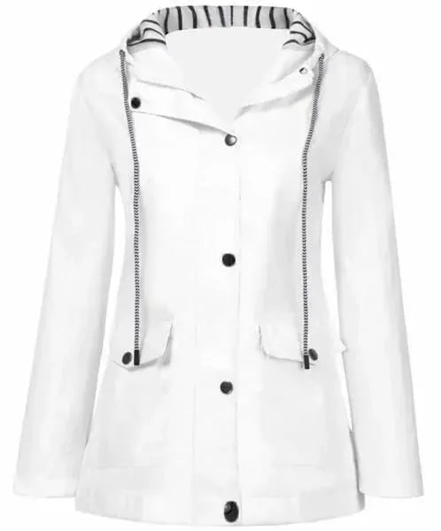 Chaqueta impermeable de mujer con capucha y bolsillos frontales