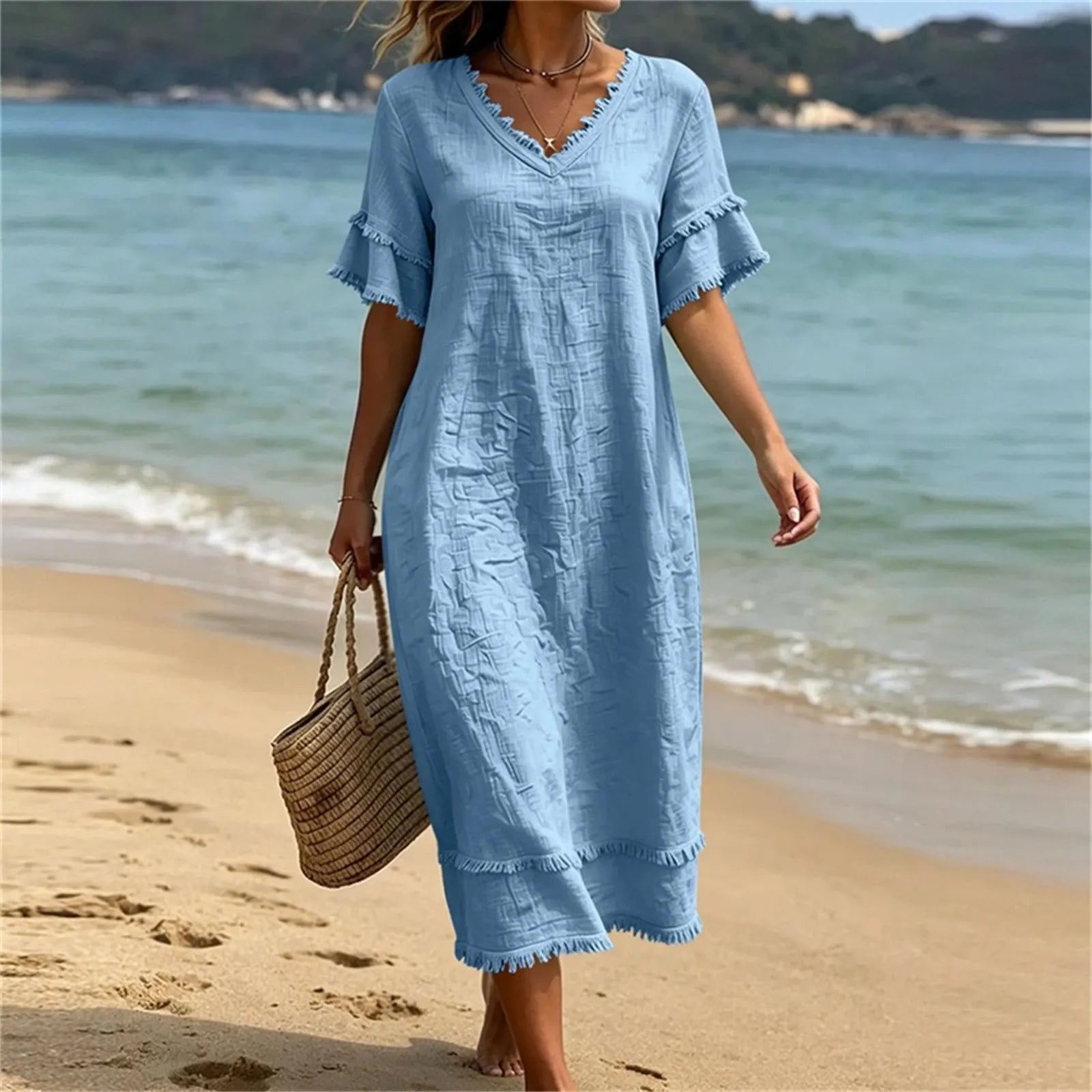 Vestido mujer bohemio con cuello en V y flecos